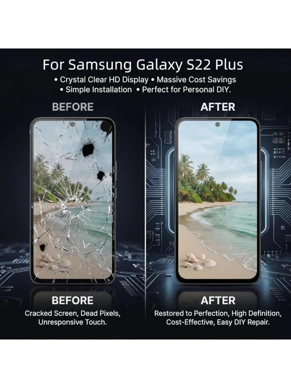 Samsung Galaxy S22 Plus Screen Replacement with Frame - Black, Easy Install